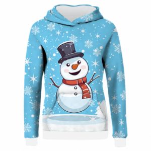 Damska bluza z kapturem Fullprint na Nowy Rok Bałwan i płatki śniegu