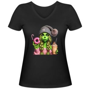 Koszulka V-neck damska Dziewczyna w stylu Grinch