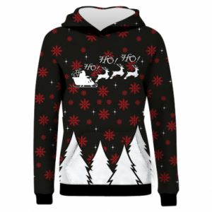 Damska bluza z kapturem Fullprint na Nowy Rok Ho! ho! ho! Mikołaj i jelenie