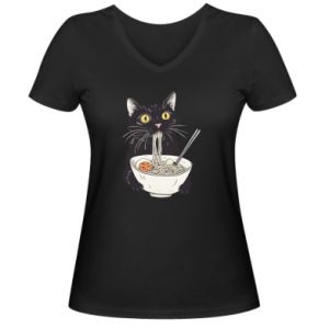 Koszulka V-neck damska z kotami Kot i ramen