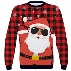 Bluza Fullprint na Nowy Rok Mikołaj na tle czerwonej klatki