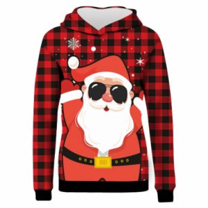Damska bluza z kapturem Fullprint na Nowy Rok Mikołaj na tle czerwonej klatki