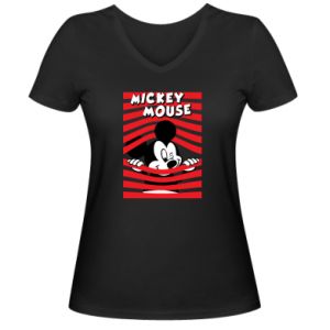 Koszulka V-neck damska Myszka Miki i paski