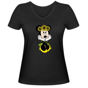 Koszulka V-neck damska Myszka Minnie z kwiatami na głowie