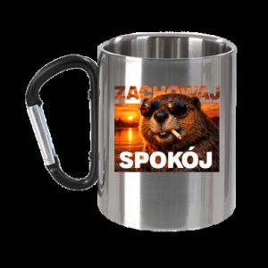 Kubek metalowy z uszkiem karabińczykiem Zachowaj spokój bóbr - PrintSalon Kubek metalowy z uszkiem karabińczykiem Zachowaj spokój bóbr